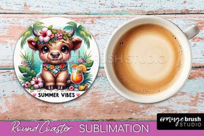 Highland Cow Coaster Sublimation - Beach Round Coaster PNG Sublimation OrangeBrushStudio 