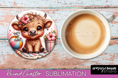 Highland Cow Coaster Sublimation - Beach Round Coaster PNG Sublimation OrangeBrushStudio 
