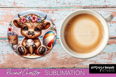 Highland Cow Coaster Sublimation - Beach Round Coaster PNG Sublimation OrangeBrushStudio 