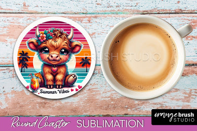 Highland Cow Coaster Sublimation - Beach Round Coaster PNG Sublimation OrangeBrushStudio 