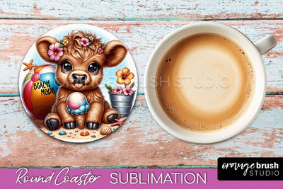 Highland Cow Coaster Sublimation - Beach Round Coaster PNG Sublimation OrangeBrushStudio 