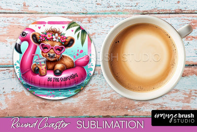Highland Cow Coaster Sublimation - Beach Round Coaster PNG Sublimation OrangeBrushStudio 