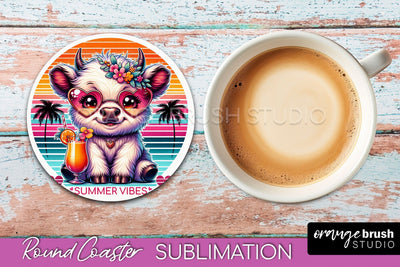 Highland Cow Coaster Sublimation - Beach Round Coaster PNG Sublimation OrangeBrushStudio 