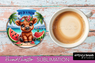 Highland Cow Coaster Sublimation - Beach Round Coaster PNG Sublimation OrangeBrushStudio 