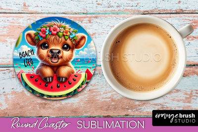 Highland Cow Coaster Sublimation - Beach Round Coaster PNG Sublimation OrangeBrushStudio 
