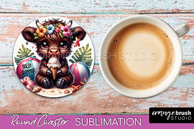 Highland Cow Coaster Sublimation - Beach Round Coaster PNG Sublimation OrangeBrushStudio 