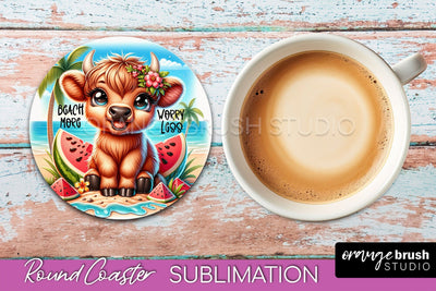 Highland Cow Coaster Sublimation - Beach Round Coaster PNG Sublimation OrangeBrushStudio 