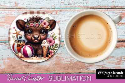 Highland Cow Coaster Sublimation - Beach Round Coaster PNG Sublimation OrangeBrushStudio 