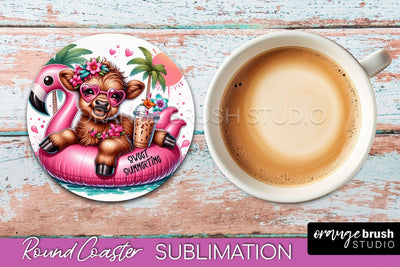 Highland Cow Coaster Sublimation - Beach Round Coaster PNG Sublimation OrangeBrushStudio 