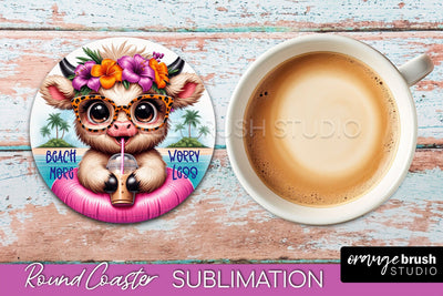 Highland Cow Coaster Sublimation - Beach Round Coaster PNG Sublimation OrangeBrushStudio 