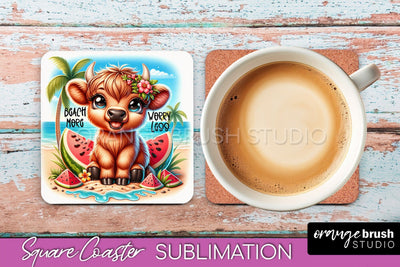 Highland Cow Coaster Sublimation - Beach Square Coaster PNG Sublimation OrangeBrushStudio 