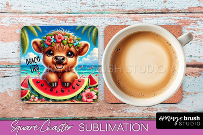 Highland Cow Coaster Sublimation - Beach Square Coaster PNG Sublimation OrangeBrushStudio 