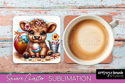 Highland Cow Coaster Sublimation - Beach Square Coaster PNG Sublimation OrangeBrushStudio 