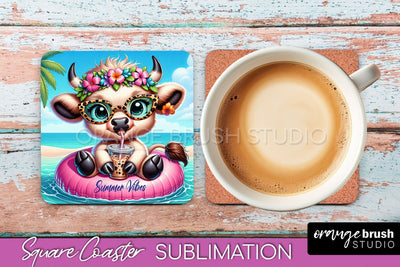 Highland Cow Coaster Sublimation - Beach Square Coaster PNG Sublimation OrangeBrushStudio 