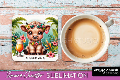 Highland Cow Coaster Sublimation - Beach Square Coaster PNG Sublimation OrangeBrushStudio 