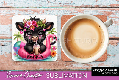 Highland Cow Coaster Sublimation - Beach Square Coaster PNG Sublimation OrangeBrushStudio 