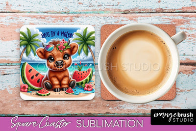 Highland Cow Coaster Sublimation - Beach Square Coaster PNG Sublimation OrangeBrushStudio 