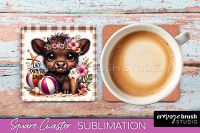 Highland Cow Coaster Sublimation - Beach Square Coaster PNG Sublimation OrangeBrushStudio 