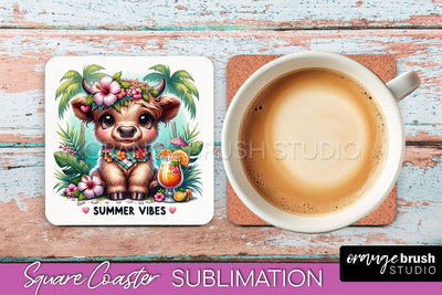 Highland Cow Coaster Sublimation - Beach Square Coaster PNG Sublimation OrangeBrushStudio 