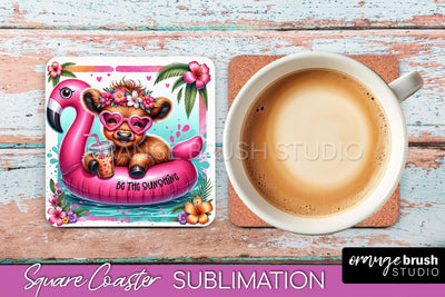 Highland Cow Coaster Sublimation - Beach Square Coaster PNG Sublimation OrangeBrushStudio 