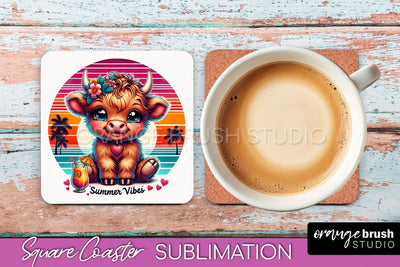 Highland Cow Coaster Sublimation - Beach Square Coaster PNG Sublimation OrangeBrushStudio 