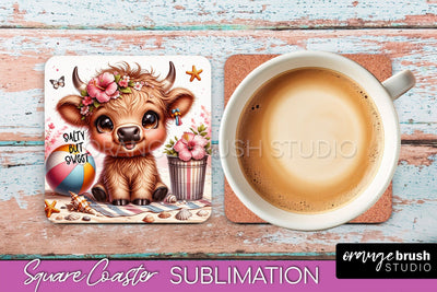 Highland Cow Coaster Sublimation - Beach Square Coaster PNG Sublimation OrangeBrushStudio 