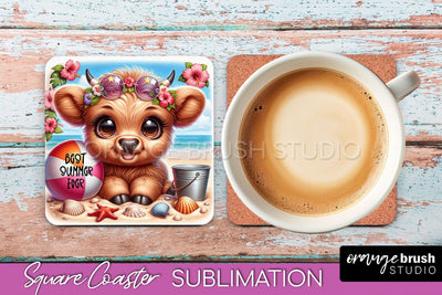 Highland Cow Coaster Sublimation - Beach Square Coaster PNG Sublimation OrangeBrushStudio 