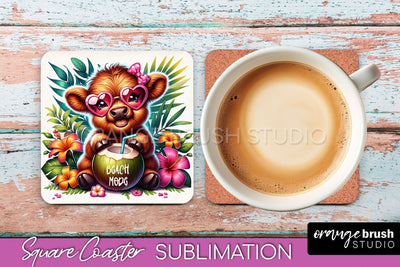 Highland Cow Coaster Sublimation - Beach Square Coaster PNG Sublimation OrangeBrushStudio 