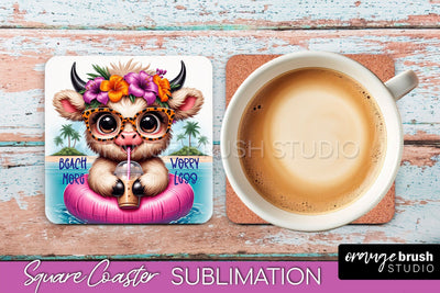 Highland Cow Coaster Sublimation - Beach Square Coaster PNG Sublimation OrangeBrushStudio 