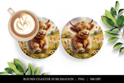 Highland Cow Coffee Art Round Coaster Sublimation Design PNG Sublimation BijouBay 