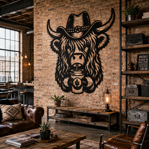 Highland Cow & Coffee Laser SVG | Cowboy Cow DXF | Western Farmhouse Metal Wall Art | Laser Cut File | CNC Plasma Cut | Rustic Cow Svg SVG HappyDesignStudio 