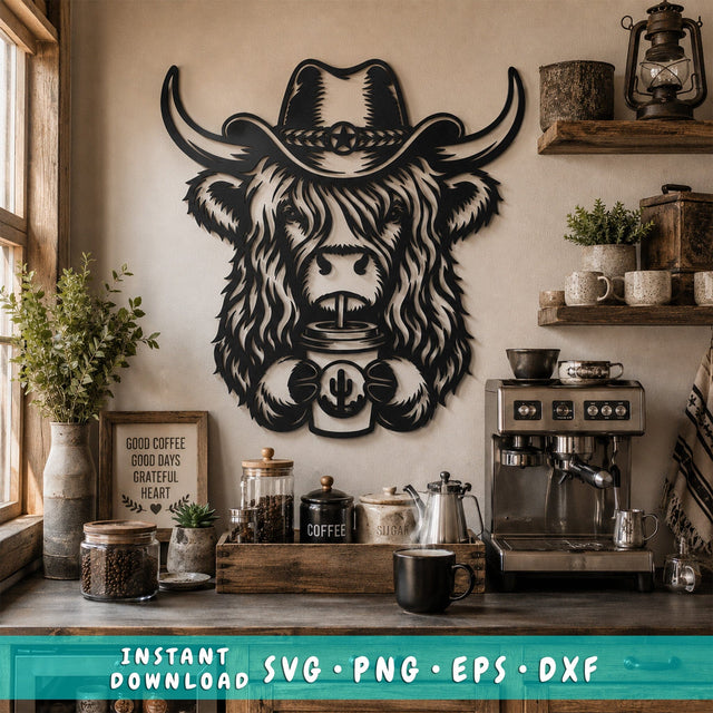 Highland Cow & Coffee Laser SVG | Cowboy Cow DXF | Western Farmhouse Metal Wall Art | Laser Cut File | CNC Plasma Cut | Rustic Cow Svg SVG HappyDesignStudio 