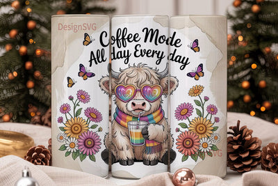 Highland Cow Coffee Mode Tumbler Wrap Sublimation DesignSVG 