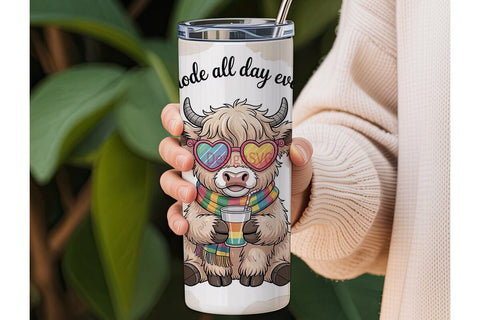 Highland Cow Coffee Mode Tumbler Wrap Sublimation DesignSVG 