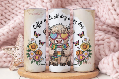 Highland Cow Coffee Mode Tumbler Wrap Sublimation DesignSVG 