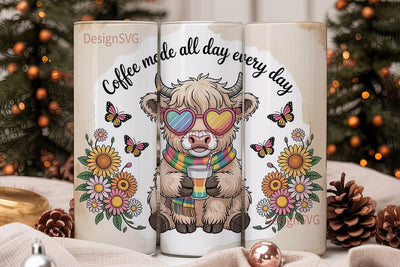 Highland Cow Coffee Mode Tumbler Wrap Sublimation DesignSVG 