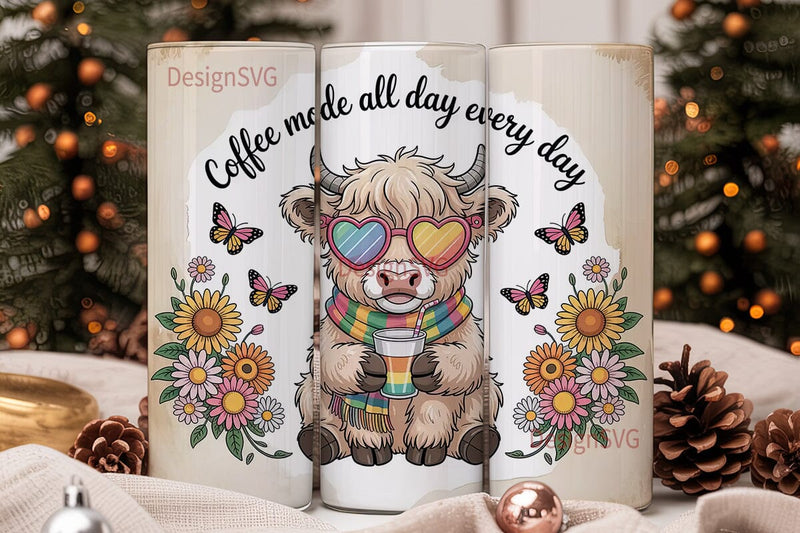 Highland Cow Coffee Mode Tumbler Wrap Sublimation DesignSVG 