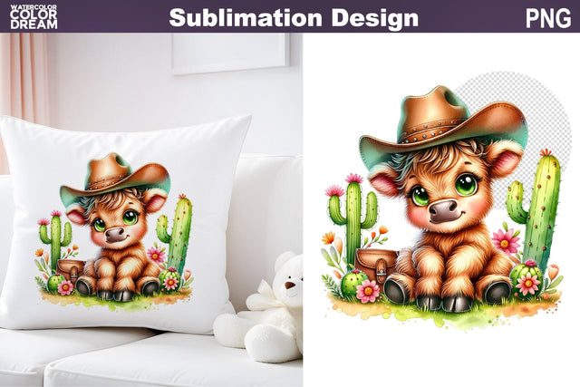 Highland Cow Cowboy Sublimation Sublimation WatercolorColorDream 