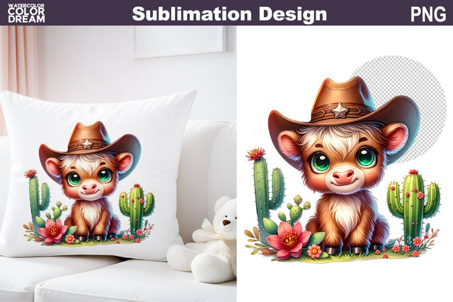Highland Cow Cowboy Sublimation Sublimation WatercolorColorDream 