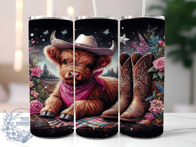 Highland Cow Cowgirl 20oz Skinny Tumbler PNG, Highland Cow Tumbler Sublimation Wrap, Straight & Tapered Tumbler Wrap, Instant Digital Download Sublimation ToriDesigns 