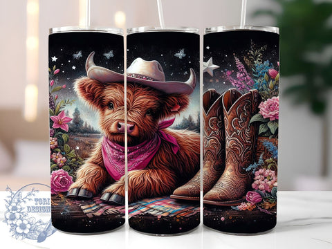 Highland Cow Cowgirl 20oz Skinny Tumbler PNG, Highland Cow Tumbler Sublimation Wrap, Straight & Tapered Tumbler Wrap, Instant Digital Download Sublimation ToriDesigns 