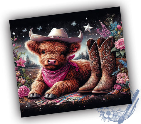 Highland Cow Cowgirl 20oz Skinny Tumbler PNG, Highland Cow Tumbler Sublimation Wrap, Straight & Tapered Tumbler Wrap, Instant Digital Download Sublimation ToriDesigns 