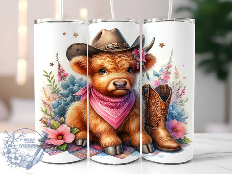 Highland Cow Cowgirl 20oz Skinny Tumbler PNG, Highland Cow Tumbler Sublimation Wrap, Straight & Tapered Tumbler Wrap, Instant Digital Download Sublimation ToriDesigns 