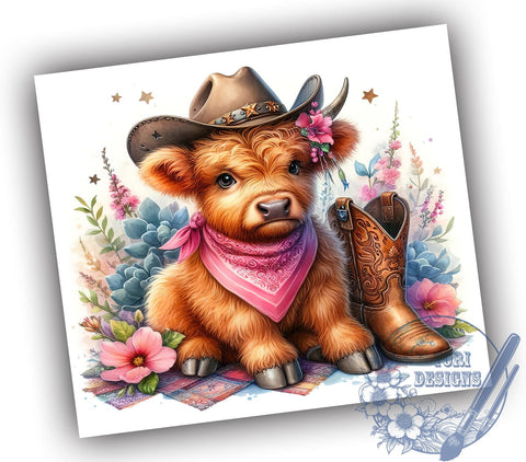 Highland Cow Cowgirl 20oz Skinny Tumbler PNG, Highland Cow Tumbler Sublimation Wrap, Straight & Tapered Tumbler Wrap, Instant Digital Download Sublimation ToriDesigns 