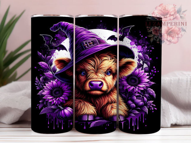 Highland Cow Dark Purple Sunflowers Witch Hat Pumpkins 20oz Tumbler Wrap PNG, Halloween Highland Cow Tumbler PNG Sublimation Design, Straight & Tapered Tumbler Wrap, Instant Sublimation Li Zamperini 
