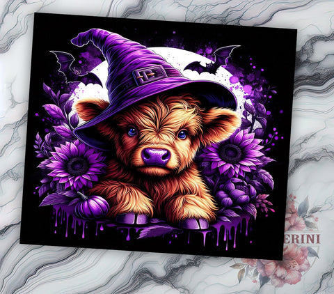Highland Cow Dark Purple Sunflowers Witch Hat Pumpkins 20oz Tumbler Wrap PNG, Halloween Highland Cow Tumbler PNG Sublimation Design, Straight & Tapered Tumbler Wrap, Instant Sublimation Li Zamperini 
