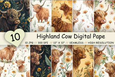 Highland Cow Digital Paper Pack, Seamless Watercolor Pattern Bundle, Printable Scrapbook Paper, Cute Fluffy Cow Design Collection Digital Pattern FloridPrintables 