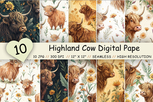 Highland Cow Digital Paper Pack, Seamless Watercolor Pattern Bundle, Printable Scrapbook Paper, Cute Fluffy Cow Design Collection Digital Pattern FloridPrintables 
