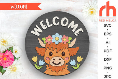 Highland Cow Door Sign SVG, Spring Hanger Cut File, Flower Welcome Sign SVG RedHelgaArt 