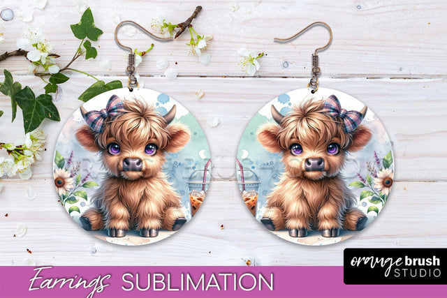 Highland Cow Earrings - Baby Cow Round Earring Sublimation Sublimation OrangeBrushStudio 